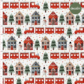 Cute Christmas Themed Trains and Houses Patterned Digital Printed Fabric
